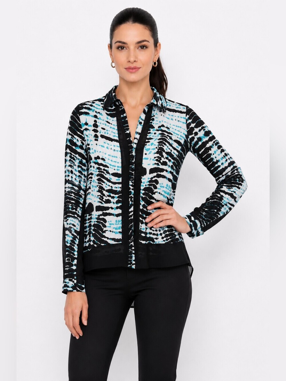 Siberian Women's Zebra Printed Button-Front in Black and Aqua. Size 40 (USA M) - Picture 2 of 7